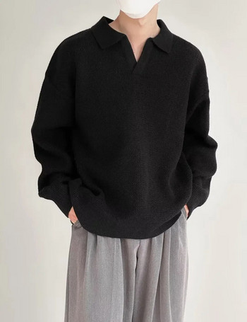 HOUZHOU Плетен пуловер Мъжки стари пари Oversize Ежедневни пуловери за мъже Есен Зима Каки Поло горнища Мъжко улично облекло Корейски