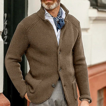 Ανδρικό μονόχρωμο πλεκτό πουλόβερ με πλεκτό γιακά, Φθινοπωρινή χειμερινή ζακέτα πουλόβερ Splice διπλές τσέπες Εξωτερικά ρούχα Urban casual ρούχα
