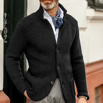 Ανδρικό μονόχρωμο πλεκτό πουλόβερ με πλεκτό γιακά, Φθινοπωρινή χειμερινή ζακέτα πουλόβερ Splice διπλές τσέπες Εξωτερικά ρούχα Urban casual ρούχα