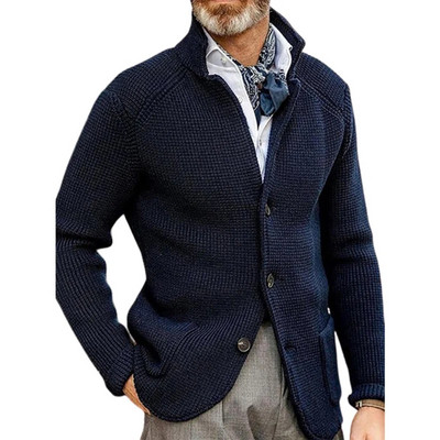 Ανδρικό μονόχρωμο πλεκτό πουλόβερ με πλεκτό γιακά, Φθινοπωρινή χειμερινή ζακέτα πουλόβερ Splice διπλές τσέπες Εξωτερικά ρούχα Urban casual ρούχα
