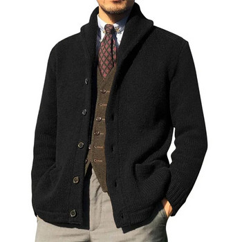 Винтидж плетен пуловер с двойни джобове и ревери Мъжки есенно-зимни удебелени топли връхни дрехи Ежедневни едноредни жилетки