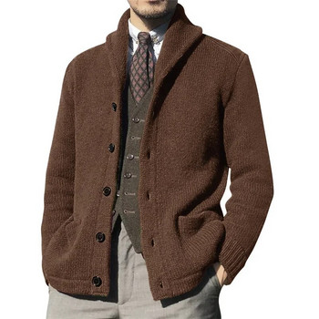 Винтидж плетен пуловер с двойни джобове и ревери Мъжки есенно-зимни удебелени топли връхни дрехи Ежедневни едноредни жилетки