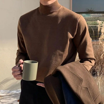 Мъжки пуловер с висока яка с дълги ръкави Корейски едноцветен плетен пуловер Долна риза Ежедневна универсална мъжка