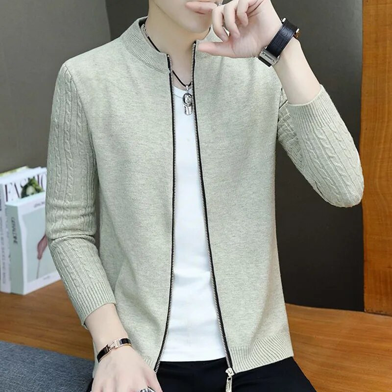 Modes brīvi trikotāžas rāvējslēdzējs vienkrāsains jakas džemperi vīriešu apģērbs 2023. gada rudens jauni ikdienas topi, viss atbilstošs mētelis