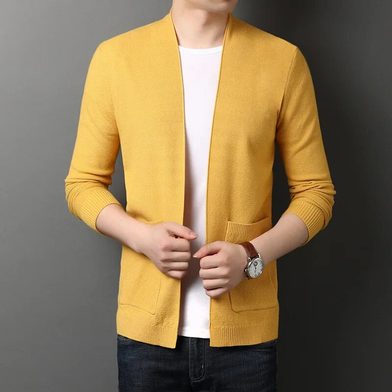 2023. gada rudens Jaunums 4 krāsu vīriešu trikotāžas jaciņa modes ikdienas dubultkabata bez pogām Plāns džemperis mētelis vīriešu zīmola apģērbs