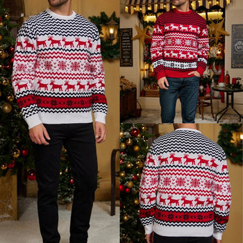 Плетен горен пуловер Мъжки плетен пуловер с дълъг ръкав Снежинка с шарка на лосове Коледен стил Ежедневно ваканционно облекло с кръгло деколте