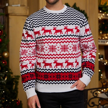 Плетен горен пуловер Мъжки плетен пуловер с дълъг ръкав Снежинка с шарка на лосове Коледен стил Ежедневно ваканционно облекло с кръгло деколте