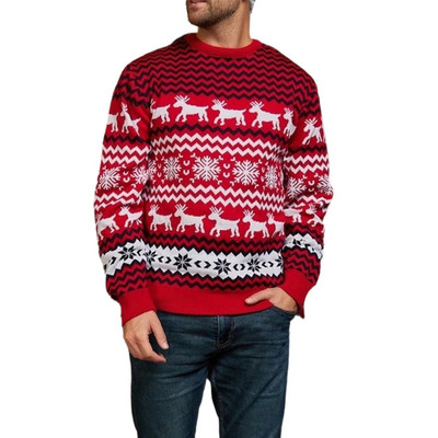 Trikotāžas džemperis vīriešu trikotāžas džemperis ar garām piedurknēm sniegpārsliņu aļņa raksts Ziemassvētku stils ikdienišķs apkakles apģērbs brīvdienām