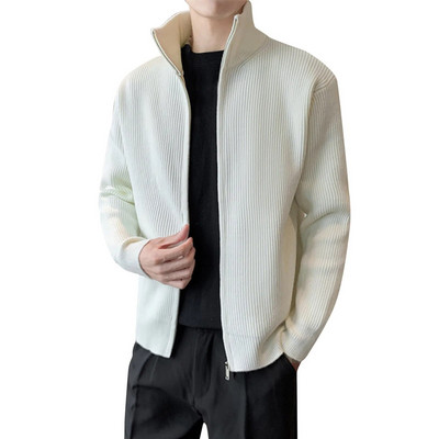 Vīriešu džemperis mētelis vienkrāsains statīvs apkakle ikdienišķa vienkārša jaka ikdienišķa britu stila modes tendence, trikotāžas jaciņa virsdrēbes