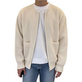 Φθινοπωρινό, μονόχρωμο, μονόχρωμο παλτό ζακέτα Hombre με στρογγυλή λαιμόκοψη και τσέπη με φερμουάρ Πλεκτό τοπ ανδρικό πανωφόρι γυναικεία ρούχα