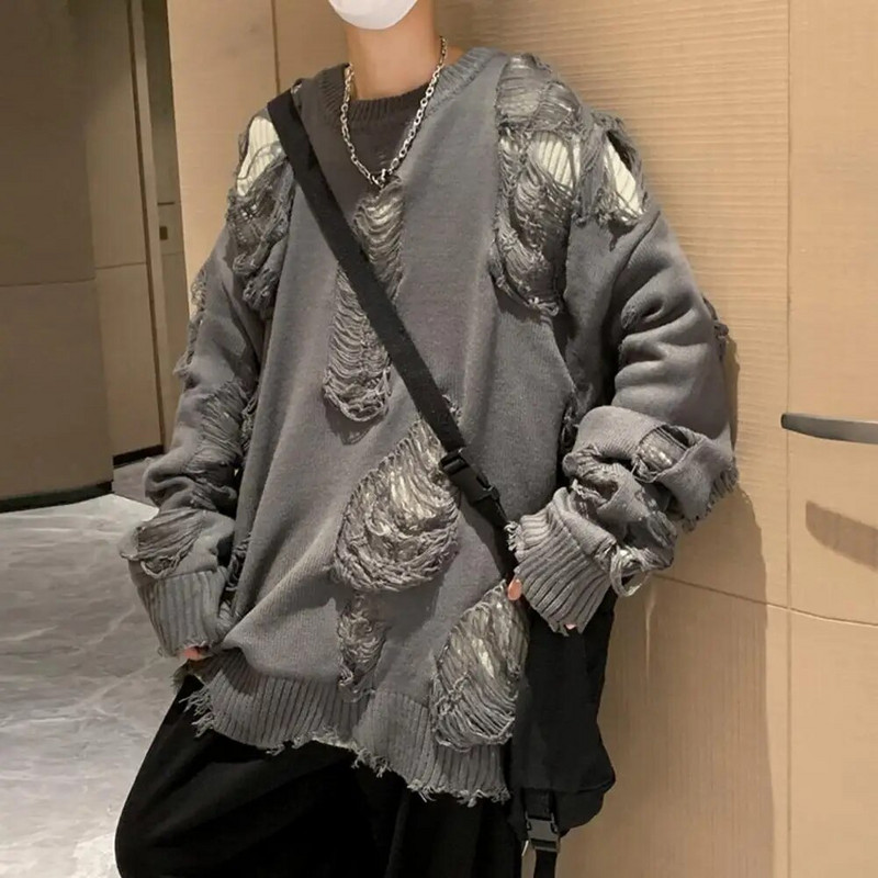 Džemperis ar garām piedurknēm Streetwear Vīriešu džemperis Hip-Hop stila plēsts divdaļīgs dizains trikotāžas apaļš kakla mīksts silts rudens/ziema