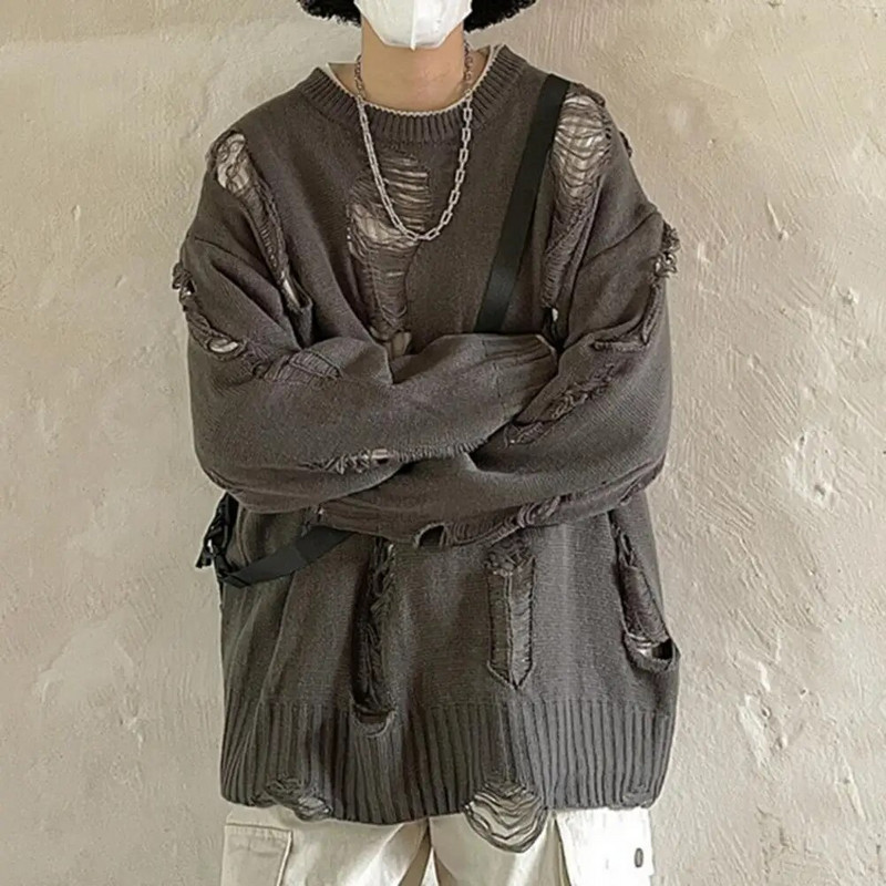 Džemperis ar garām piedurknēm Streetwear Vīriešu džemperis Hip-Hop stila plēsts divdaļīgs dizains trikotāžas apaļš kakla mīksts silts rudens/ziema