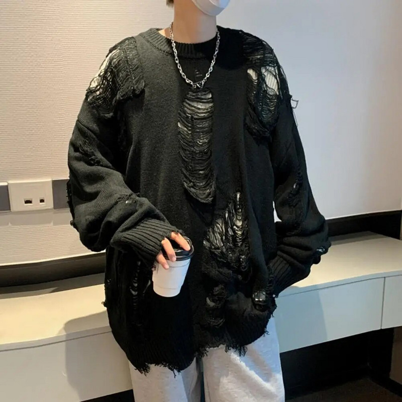 Džemperis ar garām piedurknēm Streetwear Vīriešu džemperis Hip-Hop stila plēsts divdaļīgs dizains trikotāžas apaļš kakla mīksts silts rudens/ziema