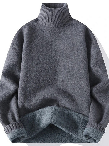 2023 Зимни мъжки топли пуловери с висока яка Мъжки плетени дебели пуловери с висока яка Есенни мъжки едноцветни ежедневни пуловери от трикотаж