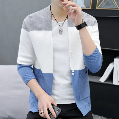 Pavasara rudens jaciņa Vīriešu Slim Fit trikotāžas džemperis Virsdrēbes Modes Stripe Vīriešu Trikotāžas Džemperis Korejas stila Jakas