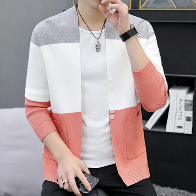 Pavasara rudens jaciņa Vīriešu Slim Fit trikotāžas džemperis Virsdrēbes Modes Stripe Vīriešu Trikotāžas Džemperis Korejas stila Jakas