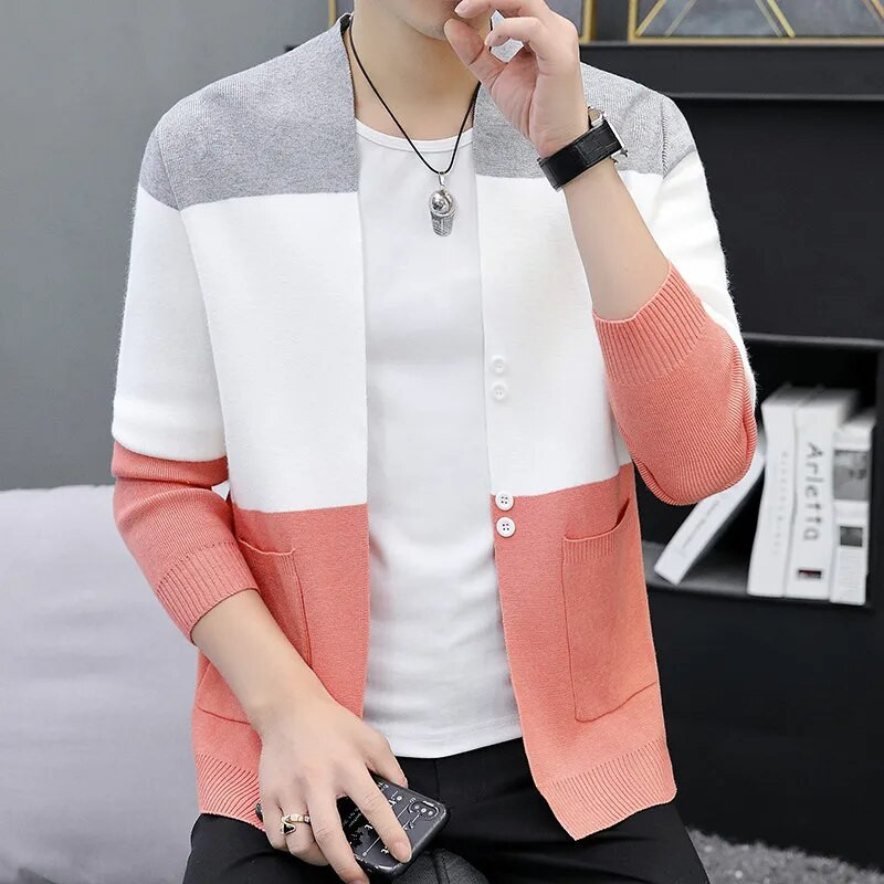 Pavasara rudens jaciņa Vīriešu Slim Fit trikotāžas džemperis Virsdrēbes Modes Stripe Vīriešu Trikotāžas Džemperis Korejas stila Jakas