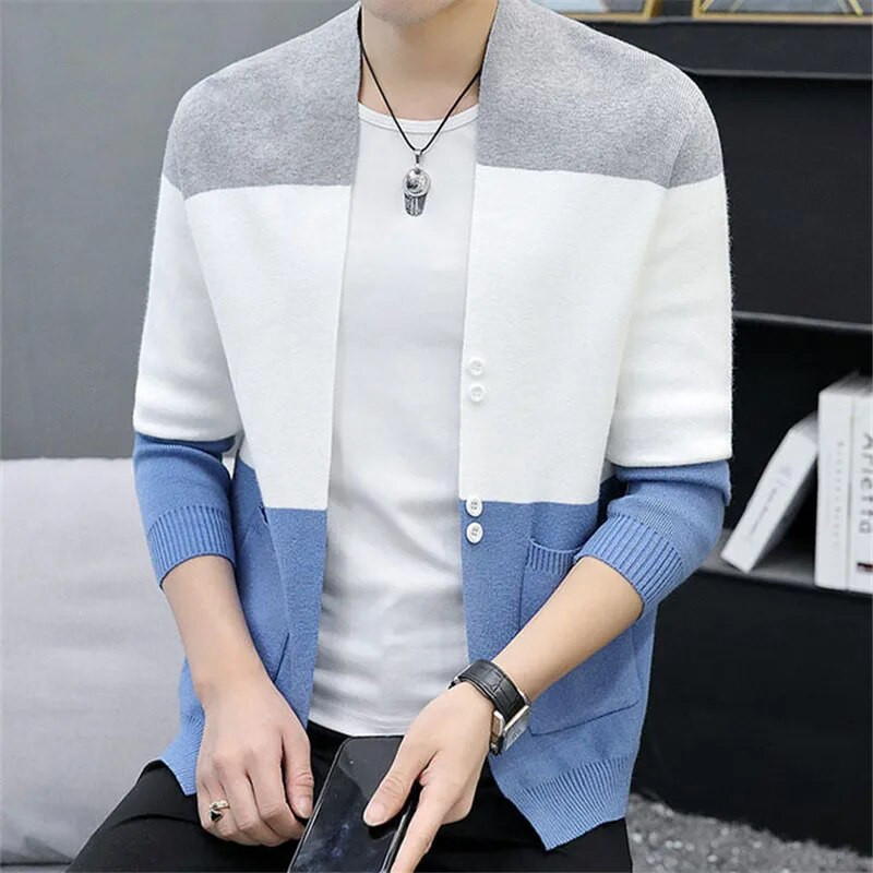 Pavasara rudens jaciņa Vīriešu Slim Fit trikotāžas džemperis Virsdrēbes Modes Stripe Vīriešu Trikotāžas Džemperis Korejas stila Jakas