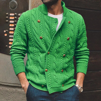 Пуловер Едноцветен двуредов пуловер с полувисоко деколте Есен Зима Нов стил Жилетка Мъжко облекло Ретро пуловер