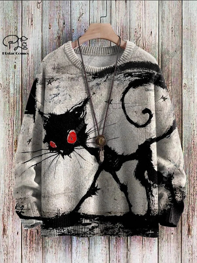 Τρισδιάστατη εκτύπωση σειρά Halloween τρομακτικό σχέδιο μαύρης γάτας άσχημο πουλόβερ street casual χειμωνιάτικο πουλόβερ ζεστό νέο προϊόν unisex M-1