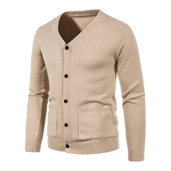 Мъжка едноцветна тънка жилетка с V-образно деколте, плетен пуловер, едноредно модно ежедневно топло палто Улично облекло M-5XL