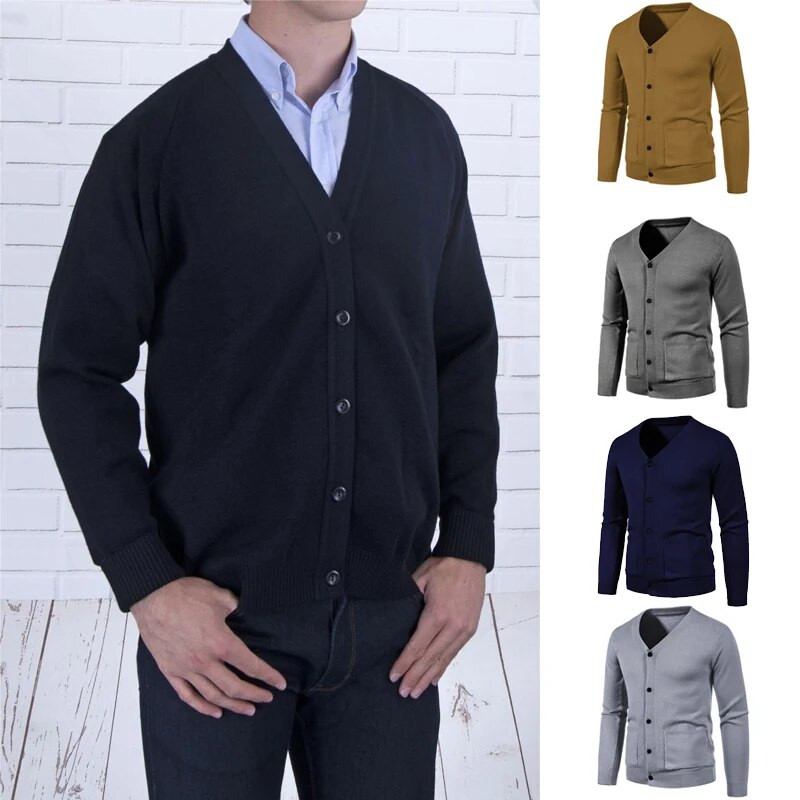 Vyriškas vienspalvis V formos kaklelis, plonas megztinis megztinis, vienaeilis madingas laisvalaikio šiltas paltas gatvės drabužiai M-5XL