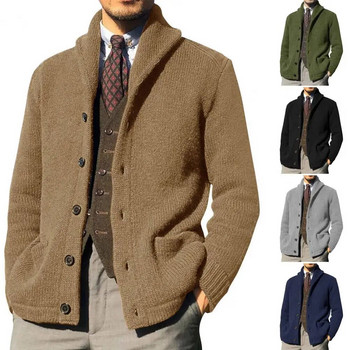 Ανδρικό πλεκτό παλτό πέτο με μακρυμάνικο τσέπες Παχύ ζακέτα πουλόβερ ανδρικό φθινοπωρινό μασίφ κουμπιά Πλεκτό παλτό με πατιλέτα για δουλειά