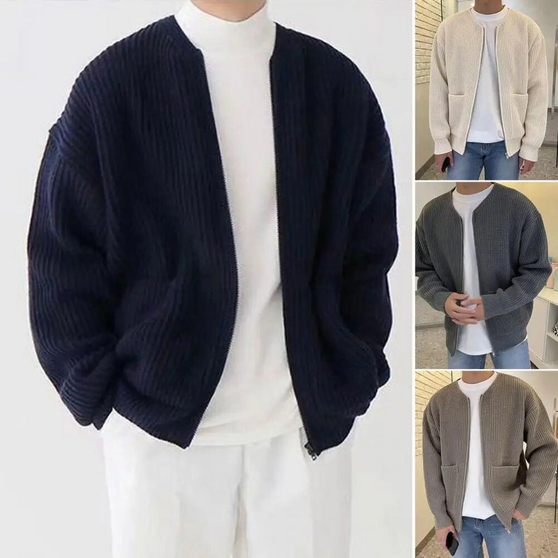 Ανδρικό παλτό Μακρυμάνικο μονόχρωμο τσέπες με φερμουάρ, χοντρές τσέπες Keep hot Ζακέτα Φθινοπωρινό πουλόβερ με χαλαρό φερμουάρ