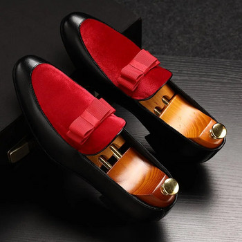 hot9 Ανδρικά παπούτσια φόρεμα με παπιγιόν πολυτελή φλατ Loafers Μαύρο λουστρίνι Κόκκινο σουέτ Loafers Ανδρικά επίσημα παπούτσια γάμου Ανδρικά επίσημα