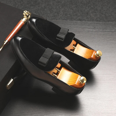 hot9 Luxusné spoločenské topánky s mašľou, pánske ploché mokasíny, čierne lakované kožené, červené semišové mokasíny, pánske formálne svadobné topánky