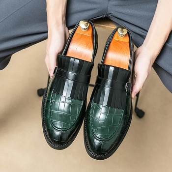 Нови зелени мъжки мокасини с пискюли с квадратни пръсти и пискюли, кафяв крокодилски модел, бизнес официални обувки, размер 46, безплатна доставка, мъжки обувки