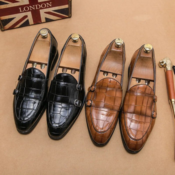 Мъжки приплъзващи се ежедневни бизнес обувки Крокодилско зърно Микрофибърна кожа с катарама Мъжки парти Сватбени мокасини Мъжки обувки с обувки