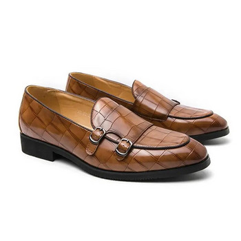 Мъжки приплъзващи се ежедневни бизнес обувки Крокодилско зърно Микрофибърна кожа с катарама Мъжки парти Сватбени мокасини Мъжки обувки с обувки
