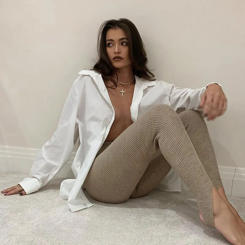 Bēšs rievotas trikotāžas legingi sievietēm ar augstu vidukli, kokvilnas fitnesa pamata bikses ikdienišķas pavasara jaunas, visas atbilstošās sieviešu, šaurās legingi