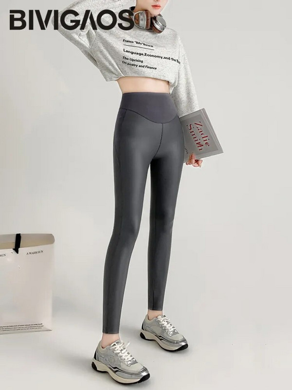 BIVIGAOS rudens naujos aptemptos tamprios odinės kelnės moterims, ryklio odos aukštu juosmeniu, PU odos vilnos Seksualūs antblauzdžiai žiemai, šilti