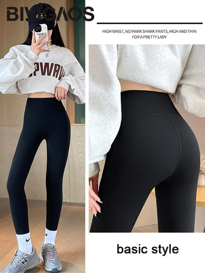 BIVIGAOS Seamless Basic Shark legingi Sieviešu rudens ziemas plānas flīsa sporta legingi Elastīgi siltie fitnesa jogas legingi