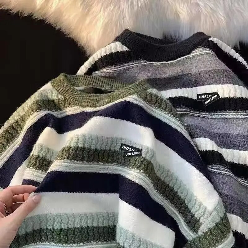 Sügiskampsun Paar Vintage triibuline lahtine noorte Preppy Style O kaelus Kootud pulloverid Talvemood vabaaja mehed naised