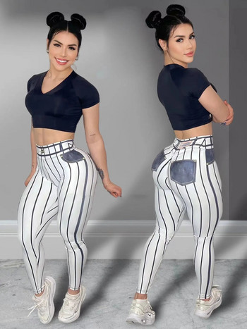Γυναικείο Αθλητικό κολάν ψηλόμεσο με ριγέ τύπωμα τεντώσιμο παντελόνι γιόγκα Σέξι στενό γυμναστήριο γυμναστικής γυμναστικής Push Up Causal παντελόνι