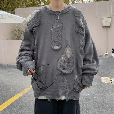 Roztrhané svetre, pulóvre pre mužov, vrecovité, high street, retro, japonský dizajn, pletené oblečenie Y2k, Harajuku sviečka, pekný, štýlový, tínedžerský šik