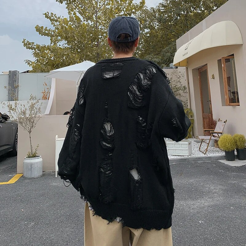 Roztrhané svetre, pulóvre pre mužov, vrecovité, high street, retro, japonský dizajn, pletené oblečenie Y2k, Harajuku sviečka, pekný, štýlový, tínedžerský šik