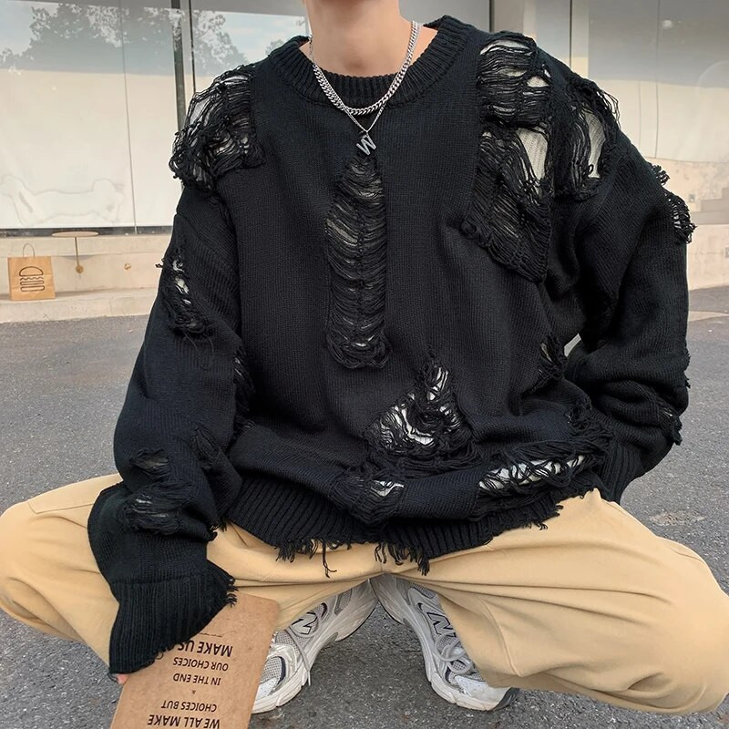 Roztrhané svetre, pulóvre pre mužov, vrecovité, high street, retro, japonský dizajn, pletené oblečenie Y2k, Harajuku sviečka, pekný, štýlový, tínedžerský šik