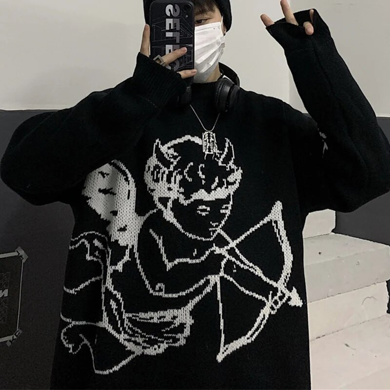 „Harajuku“ megztinis megztinis vyriškas „Cupid Angel“ raštas, megztinis su apvalia kakle „Hip Hop“ vintažinis laisvalaikio negabaritinis džemperis „Gatvės apranga“ pavasario moterims