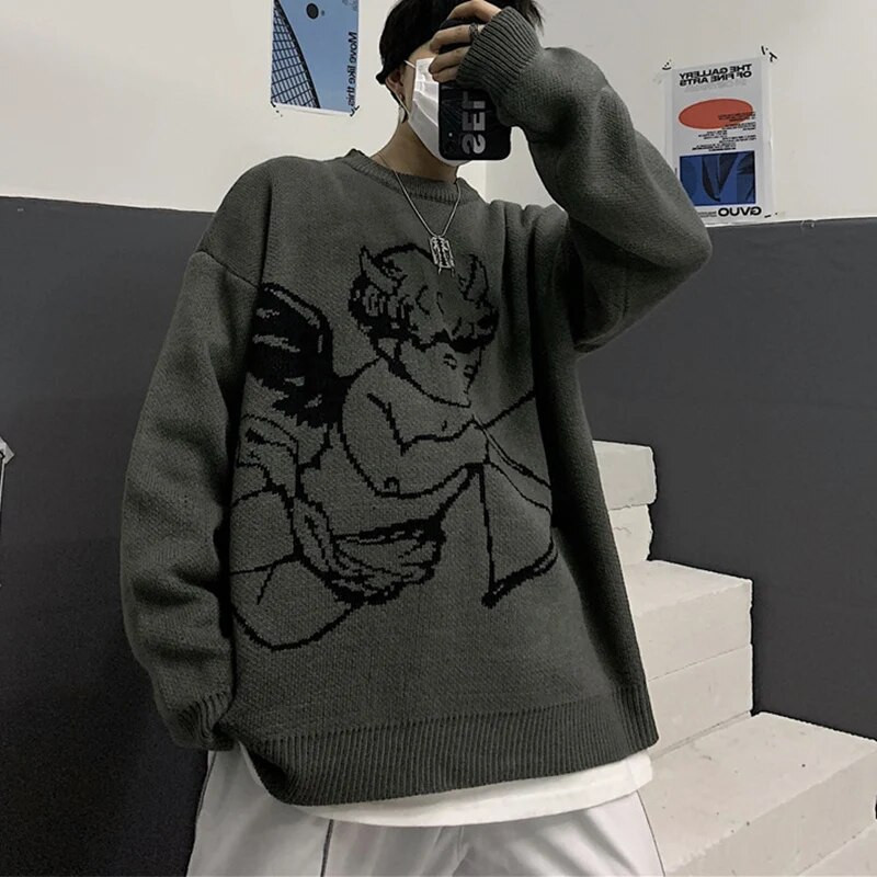 „Harajuku“ megztinis megztinis vyriškas „Cupid Angel“ raštas, megztinis su apvalia kakle „Hip Hop“ vintažinis laisvalaikio negabaritinis džemperis „Gatvės apranga“ pavasario moterims