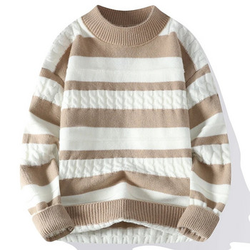 Нови есенно-зимни мъжки пуловери с О-образно деколте Моден раиран пуловер Мъжки спретнат стил Топли ежедневни плетени пуловери с пълен пуловер Мъжки