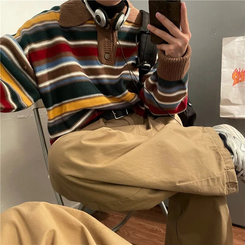 2023 m. vyriški vintažiniai megzti megztiniai megztiniai ilgomis rankovėmis polo marškinėliai Prabangūs dryžuotos tekstūros viršutiniai atvartai Aukščiausios kokybės rudens drabužiai