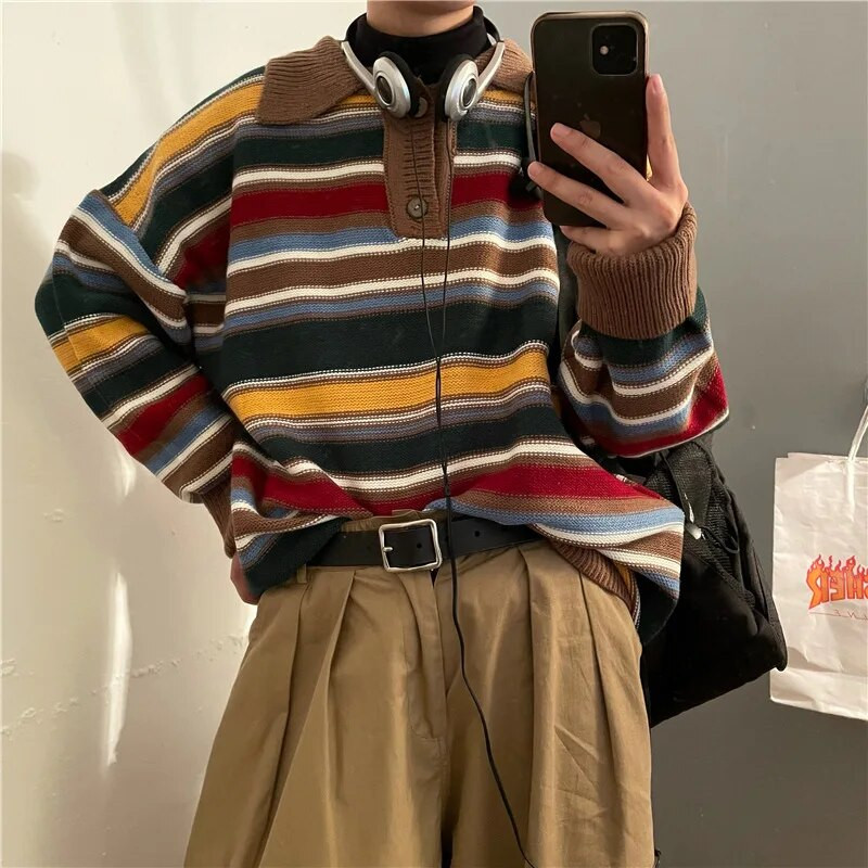2023 m. vyriški vintažiniai megzti megztiniai megztiniai ilgomis rankovėmis polo marškinėliai Prabangūs dryžuotos tekstūros viršutiniai atvartai Aukščiausios kokybės rudens drabužiai