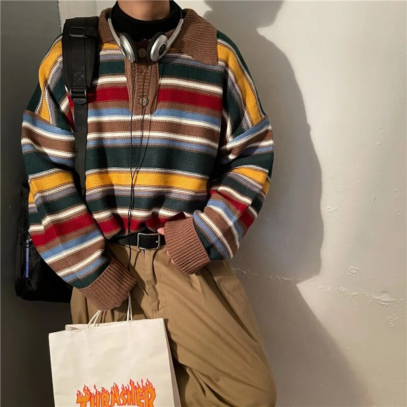 2023 m. vyriški vintažiniai megzti megztiniai megztiniai ilgomis rankovėmis polo marškinėliai Prabangūs dryžuotos tekstūros viršutiniai atvartai Aukščiausios kokybės rudens drabužiai