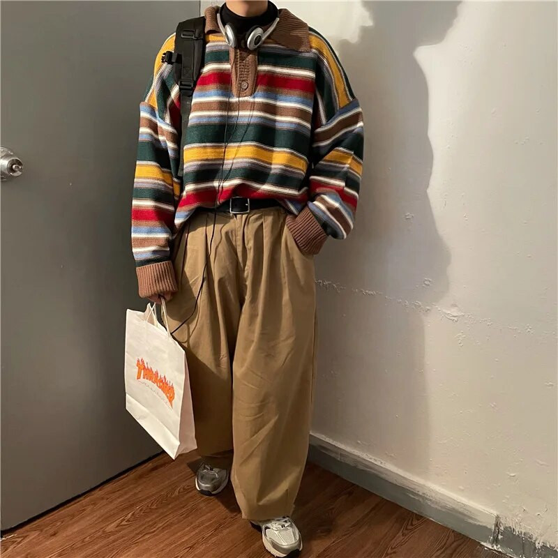 2023 m. vyriški vintažiniai megzti megztiniai megztiniai ilgomis rankovėmis polo marškinėliai Prabangūs dryžuotos tekstūros viršutiniai atvartai Aukščiausios kokybės rudens drabužiai