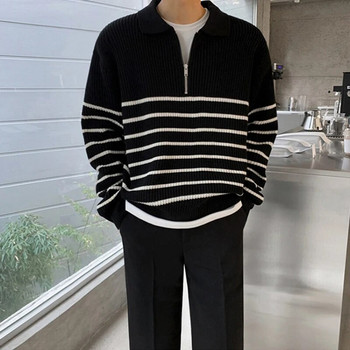 2023 Есенно мъжко облекло Луксозен плетен поло пуловер Ежедневни раирани ципове Едноцветни пуловери с дълъг ръкав Свободни топли M-3XL