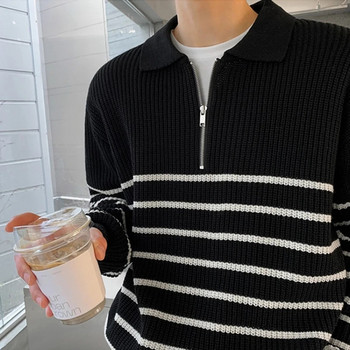 2023 Есенно мъжко облекло Луксозен плетен поло пуловер Ежедневни раирани ципове Едноцветни пуловери с дълъг ръкав Свободни топли M-3XL